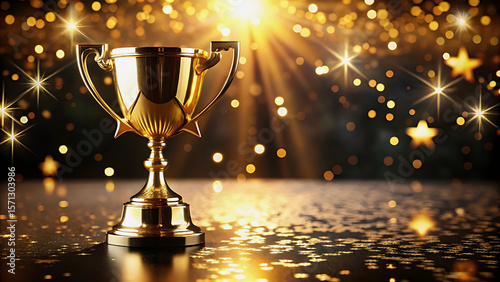 Gleaming Golden Trophy Award on Dark Surface with Sparkling Golden Lights and Stars prize victory