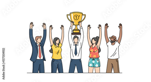 Diverse group of business professionals celebrate holding up a golden trophy together