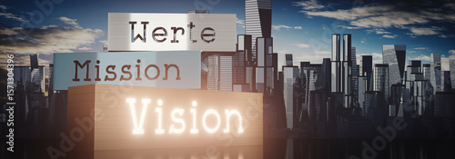 Werte, Mission, Vision (German), Values, Mission, Vision (English) - block shapes and glow effect - 3D illustration