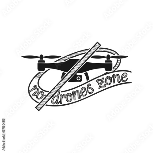 Drone Struck by Diagonal Line with Script “No Drones Zone”, Flat Symbol