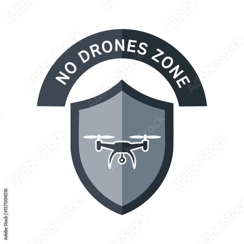Drone in Security Shield with Arching “No Drones Zone” Label, Flat Icon