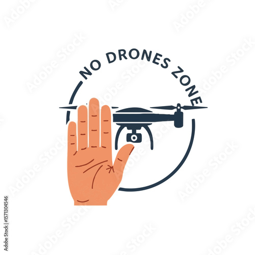 Stop Gesture with Hovering Drone and Circular “No Drones Zone” Text, Flat Icon