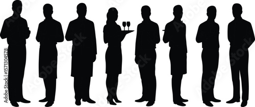 Silhouettes of professional restaurant staff team, waiters and waitress in uniform, serving with tray, hospitality service concept, black outline
