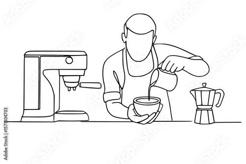 Barista Preparing Coffee with Machine Continuous Line Art

