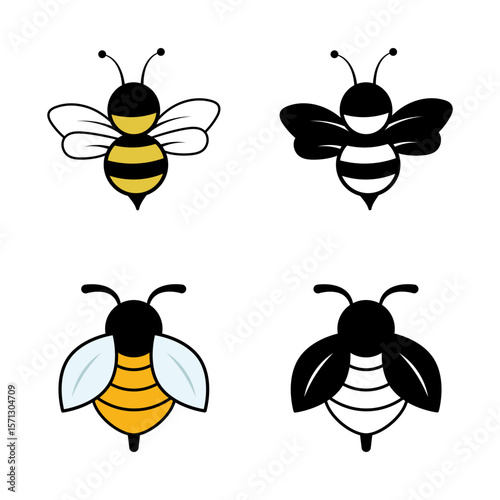 Bee Icons Collection Color and Silhouette Set Vector Illustration. The image includes two fully colored bees and two matching black silhouette versions.