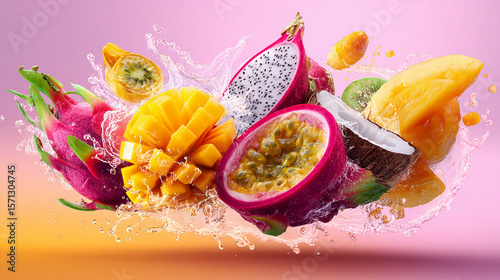 tropical fruit collage with floating pieces of mango dragonfruit papaya coconut and splashes