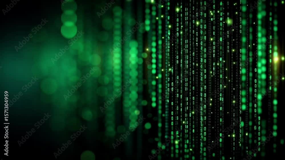 Digital green matrix with streaming binary code and glowing particles creates a futuristic, tech-inspired atmosphere.