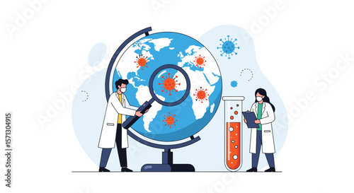 Global health crisis scientists investigate worldwide pandemic threat using magnifying glass on earth map and coronavirus symbols
