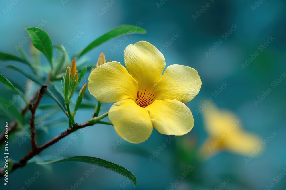 Fototapeta premium Yellow Allamanda cathartica in a blurred garden backdrop