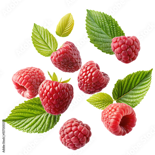 Fresh ripe raspberries and green leaves scattered isolated on transparent background