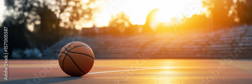 Basketball court at sunset for sports blog header, 3:1 banner image in warm tones with copy space on the right for digital content or website use