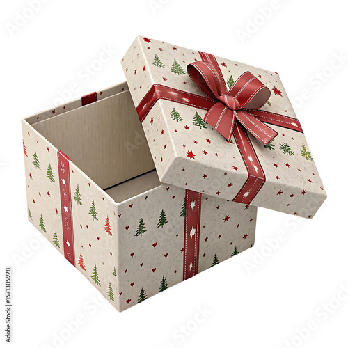 Open christmas gift box with red ribbon and festive pattern isolated on transparent background