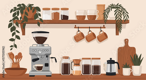 Illustration of a coffee station with a grinder, espresso machine, jars, mugs, plants and other accessories.