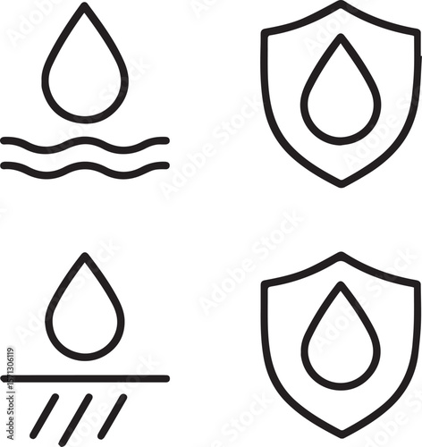waterproof icons. water resistant signs. liquid protection. line art vector illustration 