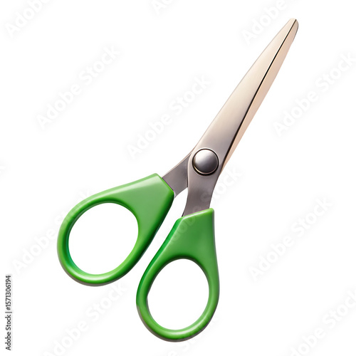 Sharp metal scissors with bright green handles isolated on transparent background