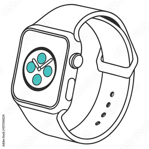 Illustration of a modern smartwatch with a light colored band and a clock face with teal icons
