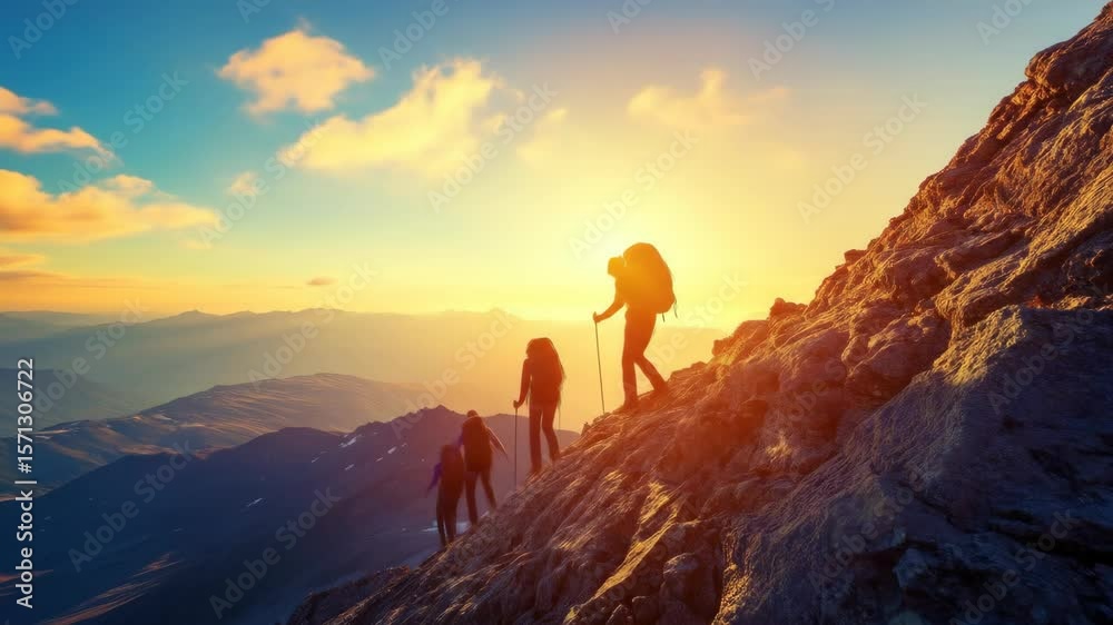 Hikers ascend mountain at sunrise (1)