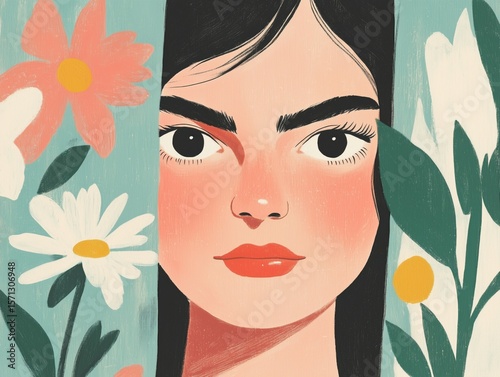 Artistic portrait of a woman with black hair hiding behind a floral curtain. Her eyes peek out, conveying mystery and a sense of quiet contemplation.