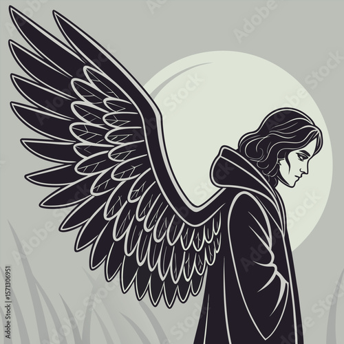 Mysterious Angel with Large Wings and Hooded Cloak Under the Moon