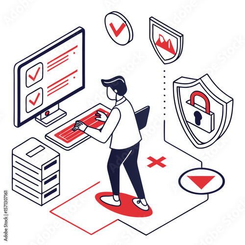 Isometric Illustration of Cybersecurity Professional Protecting Data