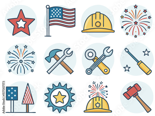 Celebrate the Fourth of July with a festive hat illustration, a vibrant vector set for your summer beach vacation, featuring USA flags, stars, and nautical elements perfect for travel design