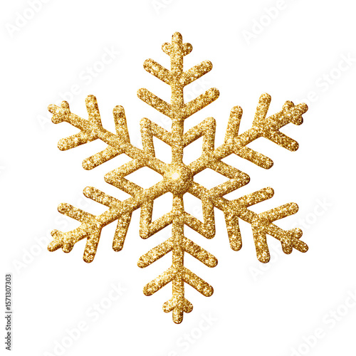 Sparkling golden snowflake ornament with glitter detail isolated on transparent background