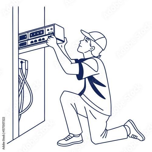 Male Technician Kneeling Installing Equipment