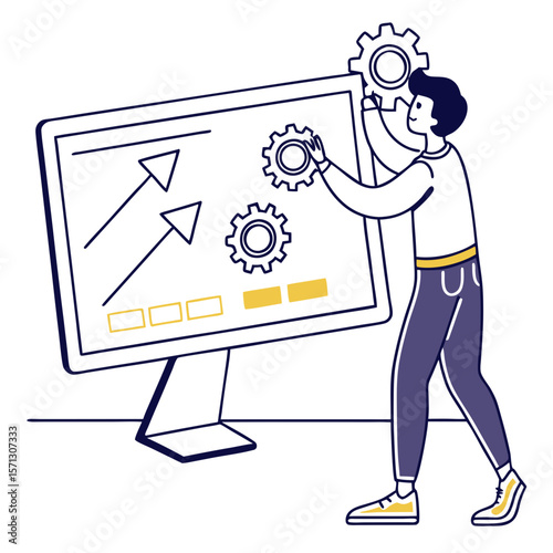 Man Adjusting Gears on Large Computer Monitor