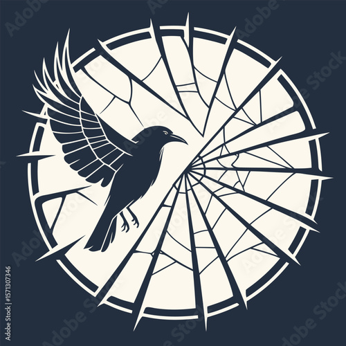 A Raven Escaping a Shattered Circular Cage Symbolizing Freedom and Resilience