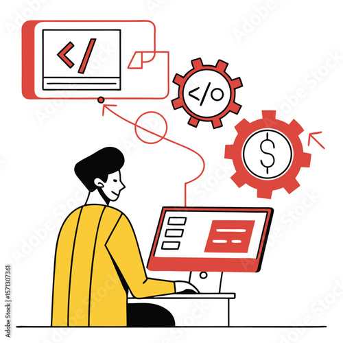 Man Coding at Computer, Financial and Software Development Concept