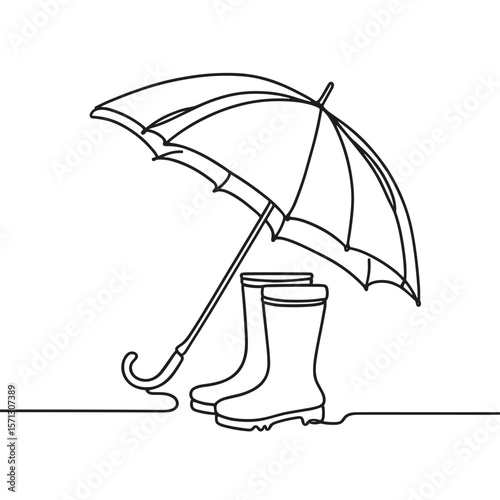 Minimalist line drawing of rubber boots and umbrella, black outline on white background, rainy weather and autumn concept