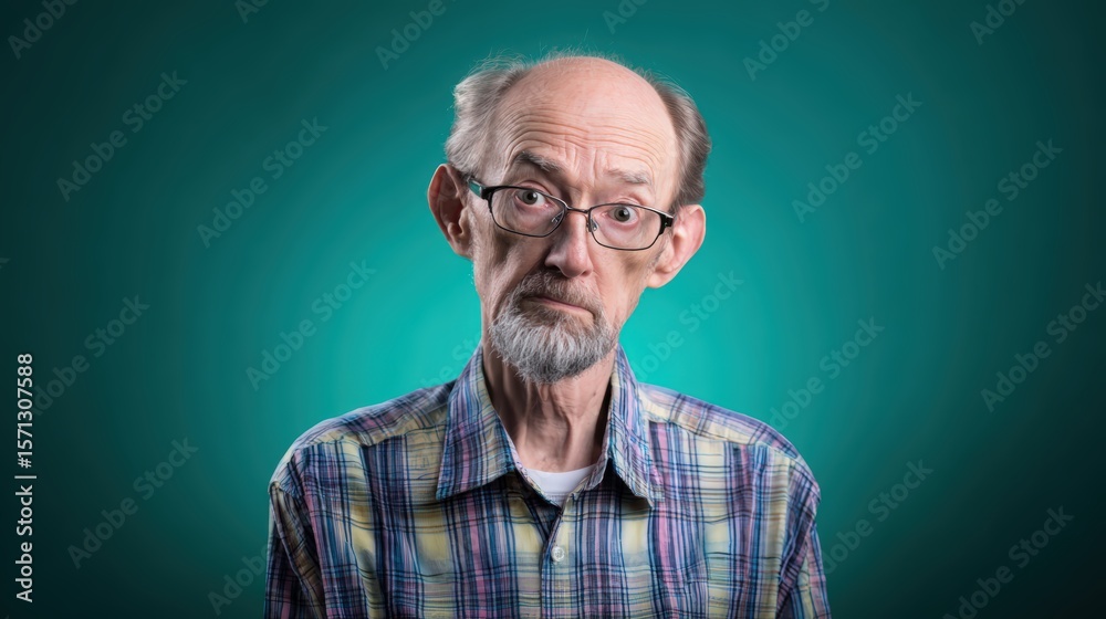 Fototapeta premium An elderly man with a playful and expressive face, standing out against a simple green background, full of character and charm.
