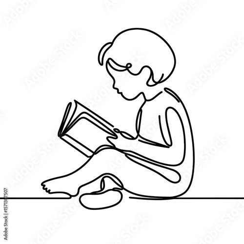 Minimalist line drawing of a child reading a book while sitting on the floor, black outline on white background, education and learning concept
