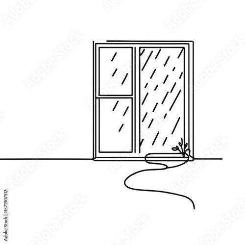 Minimalist line drawing of a window with raindrops and indoor plant, cozy rainy day concept, black outline on white background