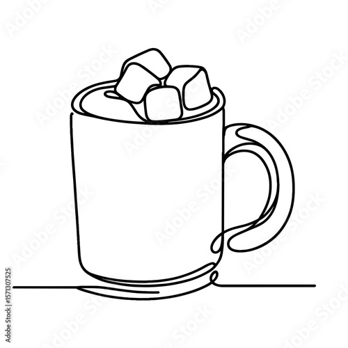 Minimalist line drawing of a mug with hot drink and marshmallows, black outline on white background, cozy winter beverage concept