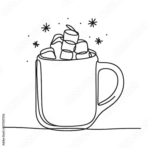 Minimalist line drawing of a hot drink in a mug with marshmallows and cinnamon sticks, cozy winter beverage concept, black outline on white background
