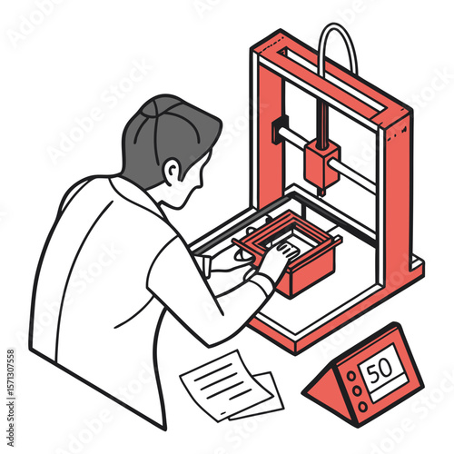 Man Operating a Red 3D Printer Creating a White Object