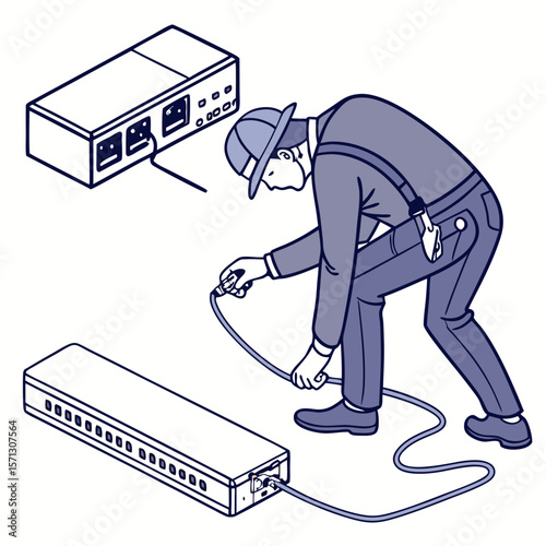 Man Repairing Vintage Harmonica with Cable Connection Isometric Illustration