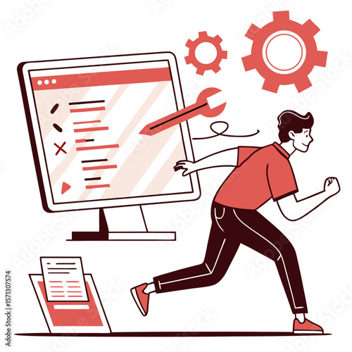 Man Running to Repair Computer Software Glitch