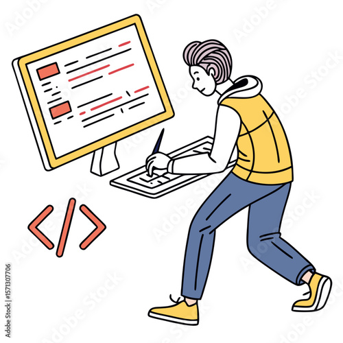 Man Working on Code at Computer,  Yellow Vest,  Isometric Illustration