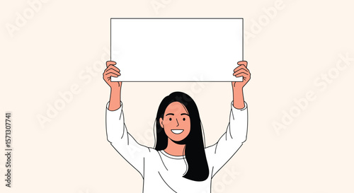 Young woman holding a blank sign above her head showing a message