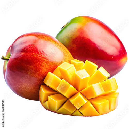 Two ripe mangoes one whole and one sliced into cubes isolated on transparent background