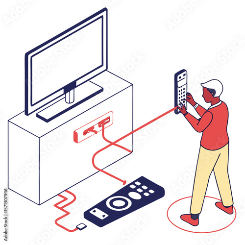 Person Connecting Cables to Television and Using Remote Control