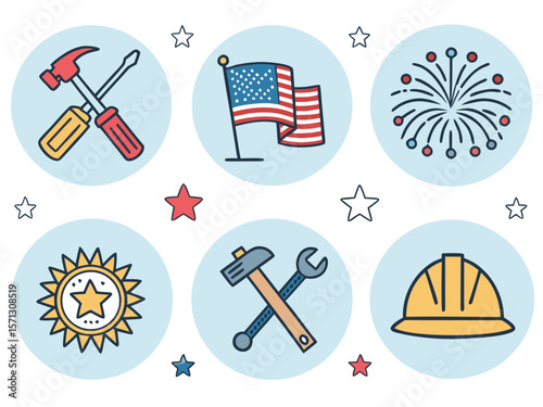 Celebrate the Fourth of July with a festive hat illustration, a vibrant vector set for your summer beach vacation, featuring USA flags, stars, and nautical elements perfect for travel design