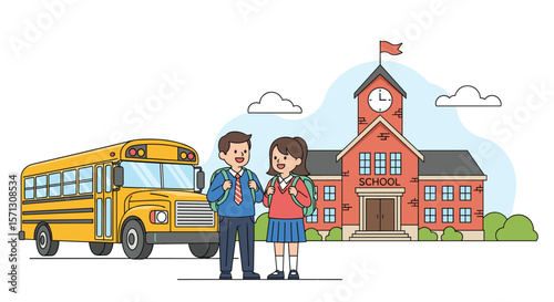 Happy children ready for school with yellow bus and building on a sunny day