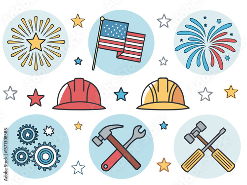 Vector set of nautical military travel icons with marine holiday illustrations