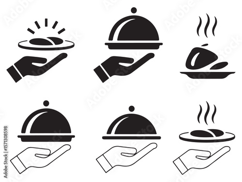 Set of six icons representing hands serving food with cloches and steam
