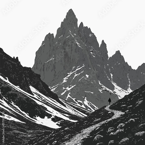 Silhouette of a lone hiker walking on a mountain trail towards a majestic peak