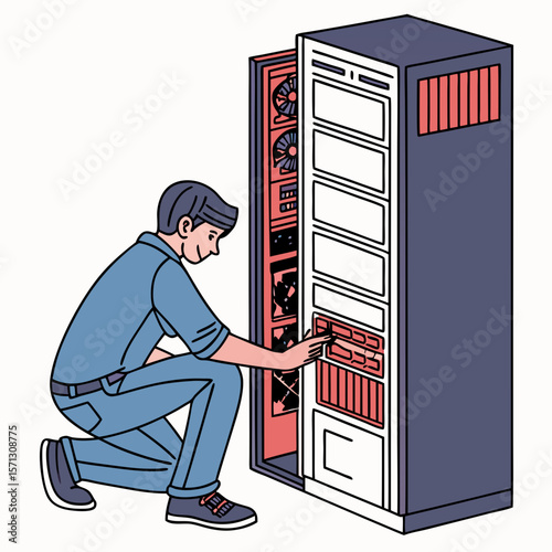 Technician Repairing a Server Rack in a Data Center