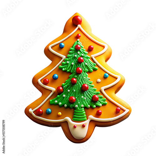 Decorated christmas tree gingerbread cookie with colorful candies isolated on transparent background
